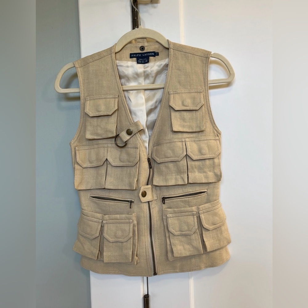 Vintage Ralph Lauren Linen Beige Multi-Pocket Fishing Vest SZ: 2 [V0003]